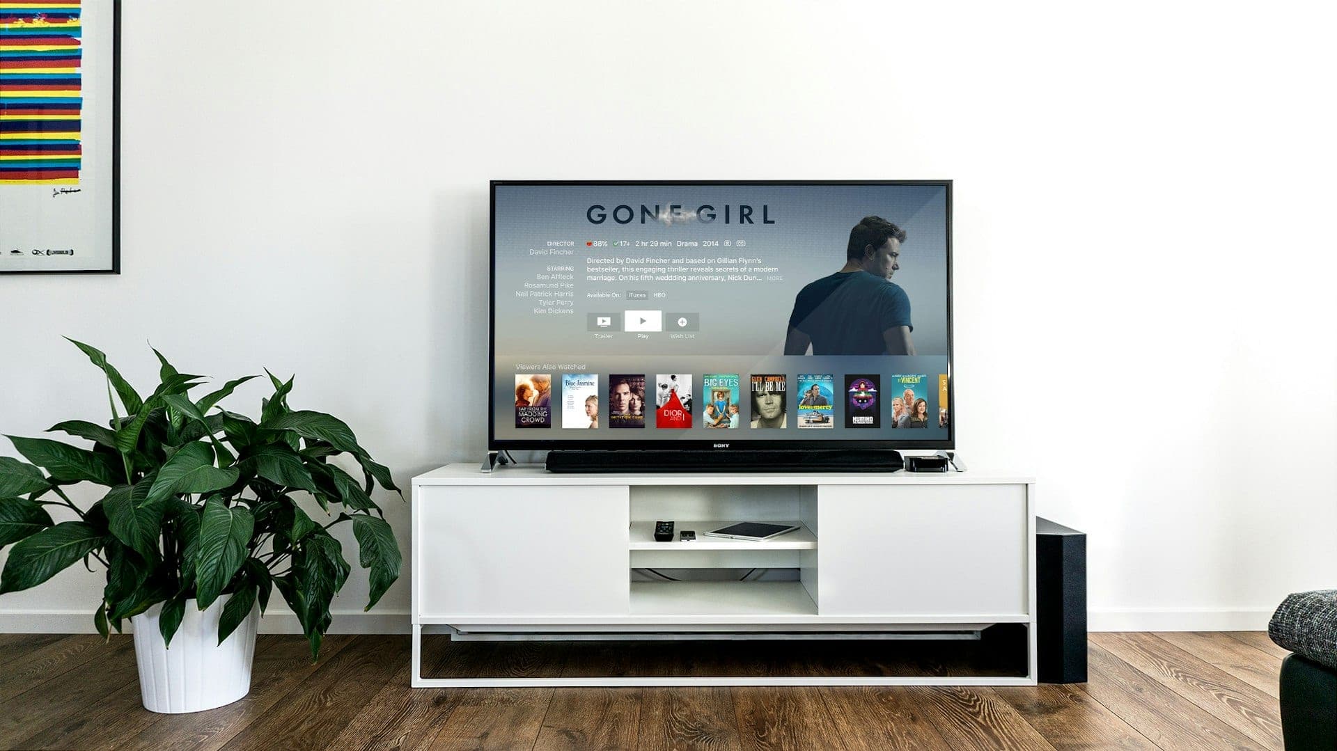 A modern flat-screen television on a media console in a living room.